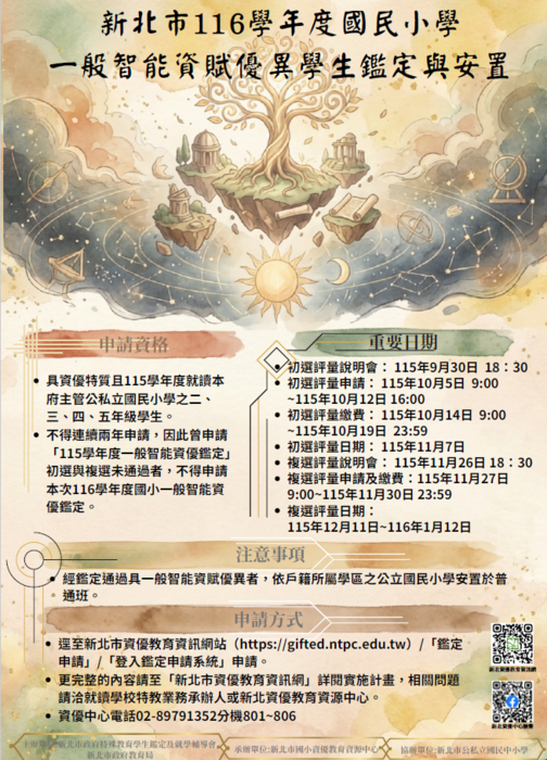 新北市116學年度國民小學一般智能資賦優異學生鑑定海報